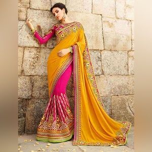 Beautiful pink and yellow saree with stitched blouse.